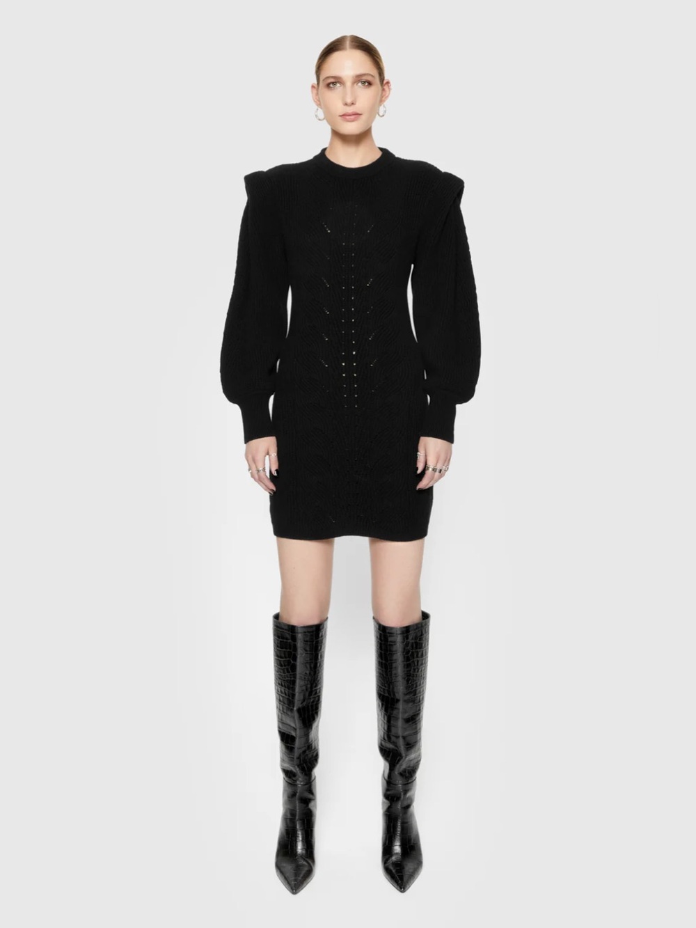 Rebecca Minkoff Daisy Cable Mini Sweater Dress Black Size M Blouson Sleeve